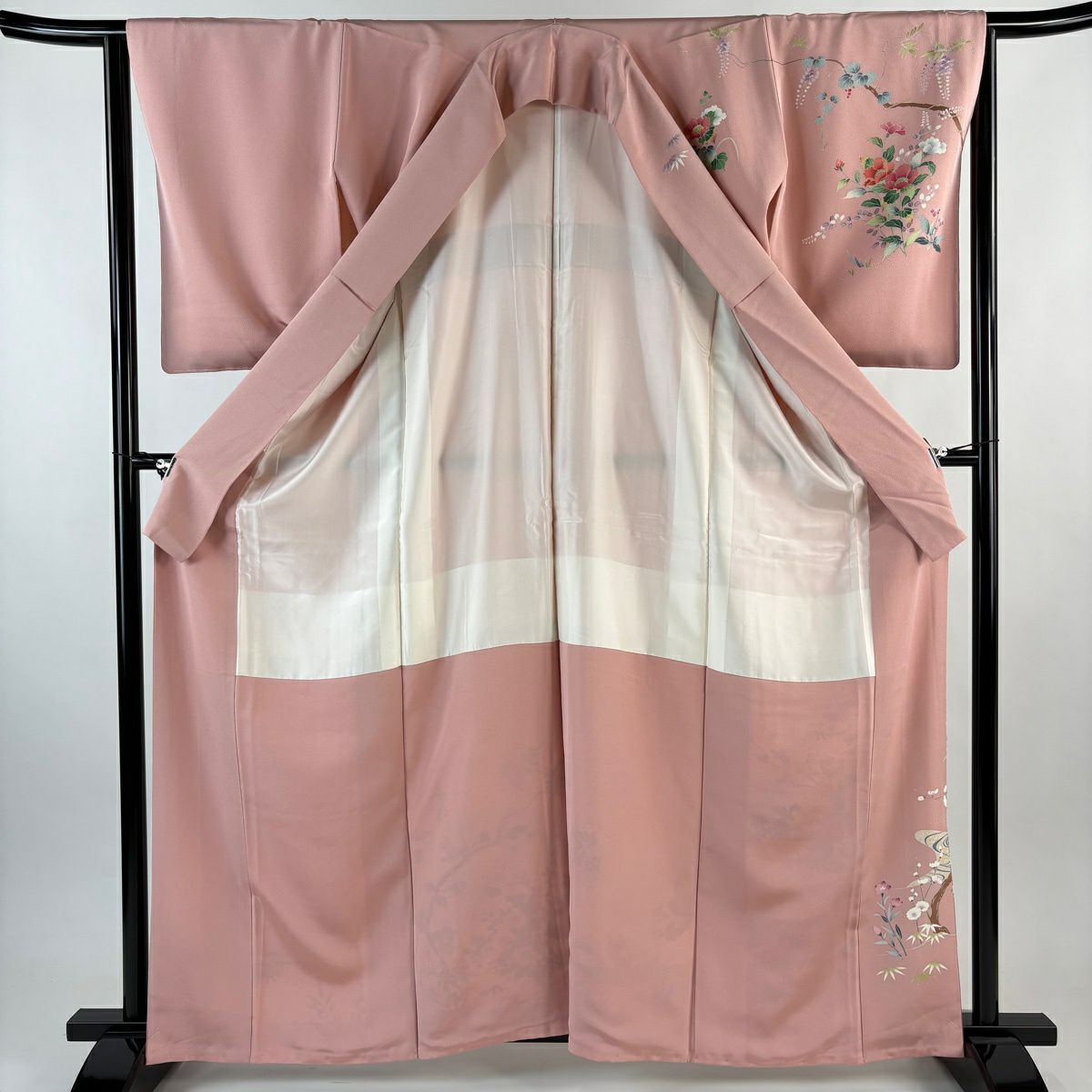 【美品】訪問服 身長163cm 袖長64cm M 雙層 落款あり 牡丹 観世水 金銀彩 漸層 粉紅 純蠶絲 秀品級 一つ紋