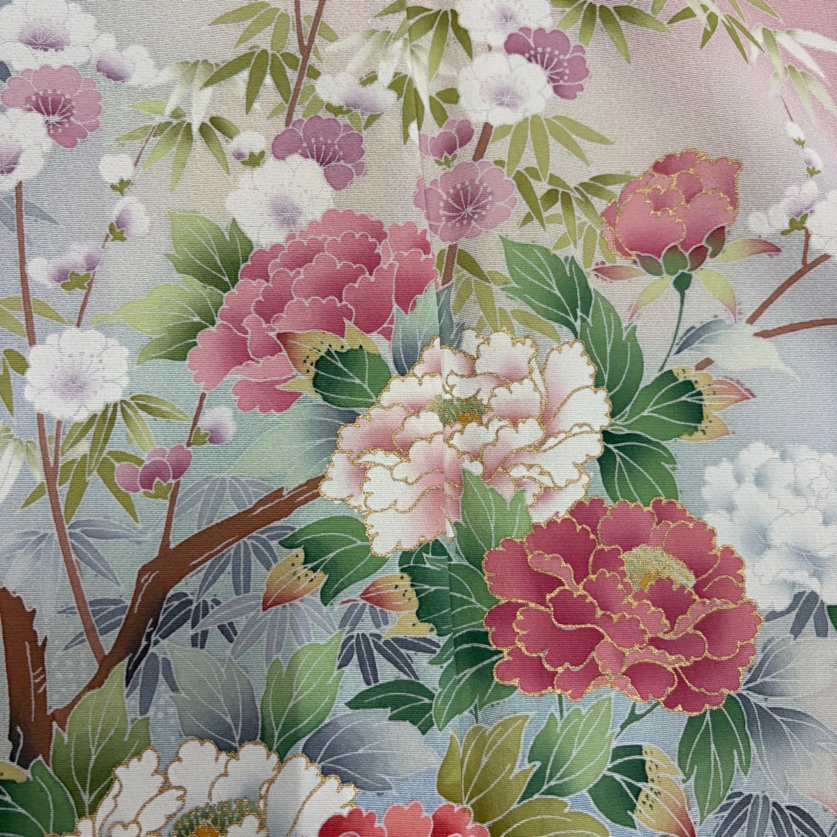 【美品】訪問服 身長163cm 袖長64cm M 雙層 落款あり 牡丹 観世水 金銀彩 漸層 粉紅 純蠶絲 秀品級 一つ紋