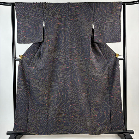 【美品】 小紋 身長160cm 袖長64cm M 雙層 幾何學圖案 灰紫 純蠶絲 秀品級