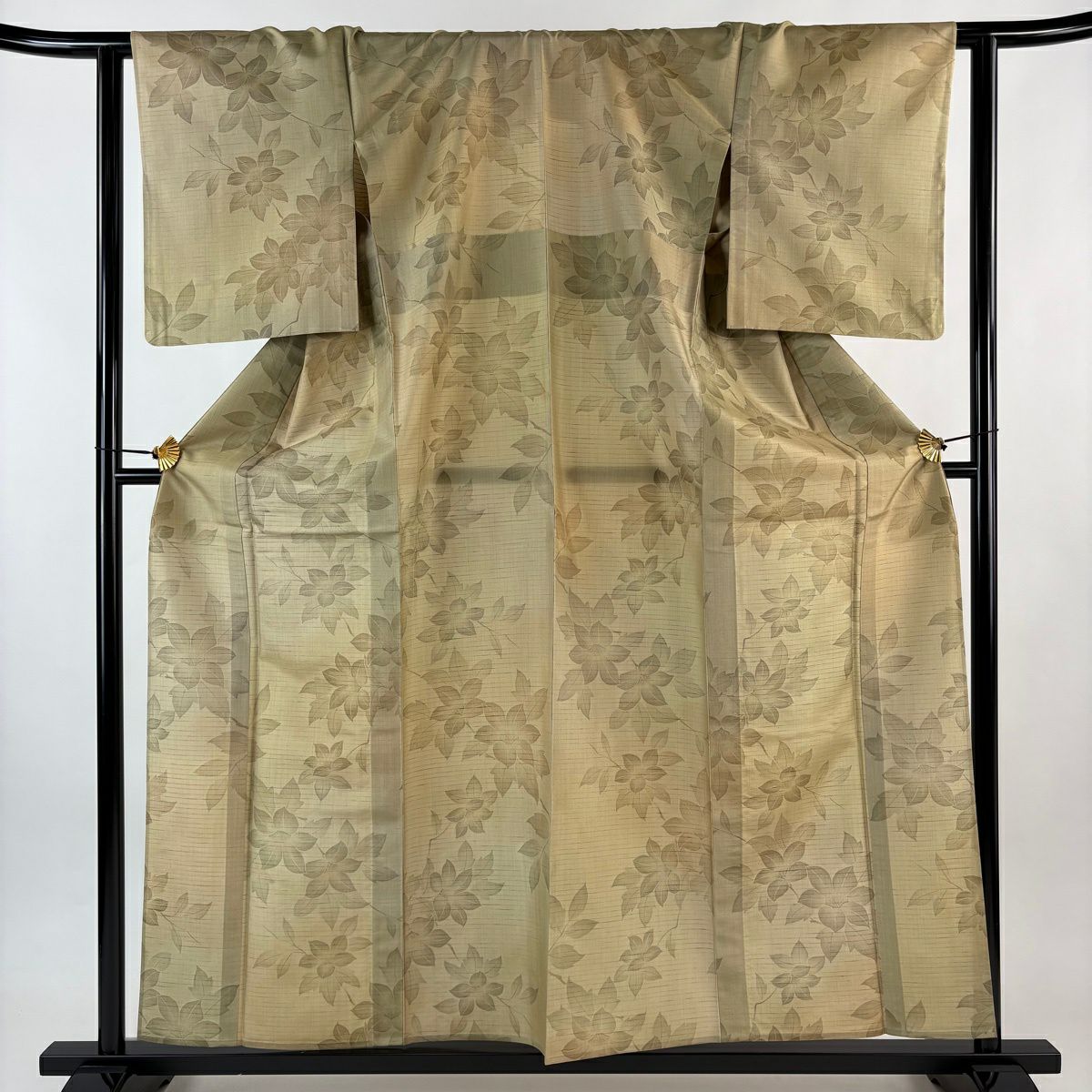 【美品】 小紋 身長159.5cm 袖長63cm S 單層 紬織織 枝花 薄茶 純蠶絲 秀品級