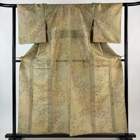 【美品】 小紋 身長159.5cm 袖長63cm S 單層 紬織織 枝花 薄茶 純蠶絲 秀品級