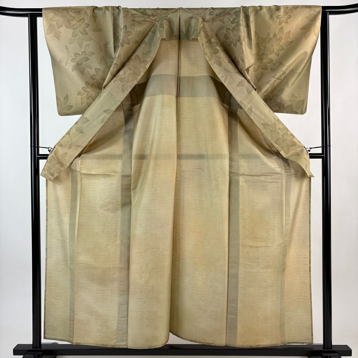【美品】 小紋 身長159.5cm 袖長63cm S 單層 紬織織 枝花 薄茶 純蠶絲 秀品級