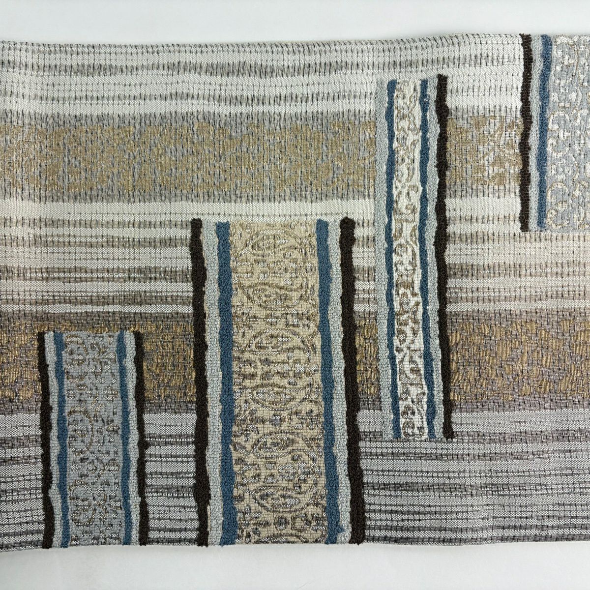 【美品】 袋帶 名品級 證明書附 大島紬織地 本泥染 縞 幾何學 金銀彩 刺繡 灰 深藍 六通 純蠶絲