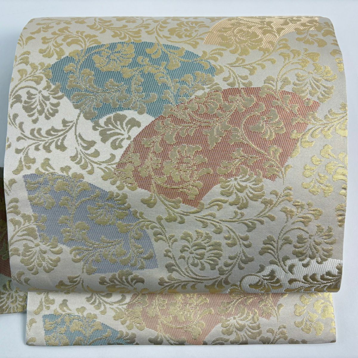 名古屋帶 名品級 扇子面 唐草紋 金金箔 米色 純蠶絲