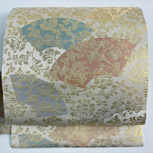名古屋帶 名品級 扇子面 唐草紋 金金箔 米色 純蠶絲