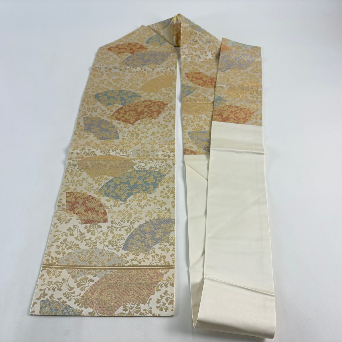 名古屋帶 名品級 扇子面 唐草紋 金金箔 米色 純蠶絲