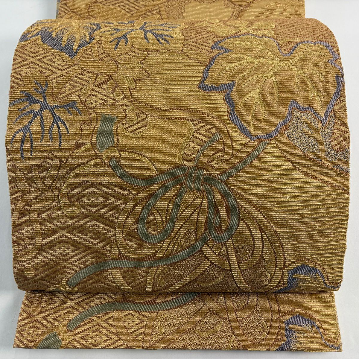 【美品】 袋帶 名品級 組織紐 葉紋 金絲 黃土色 六通 純蠶絲