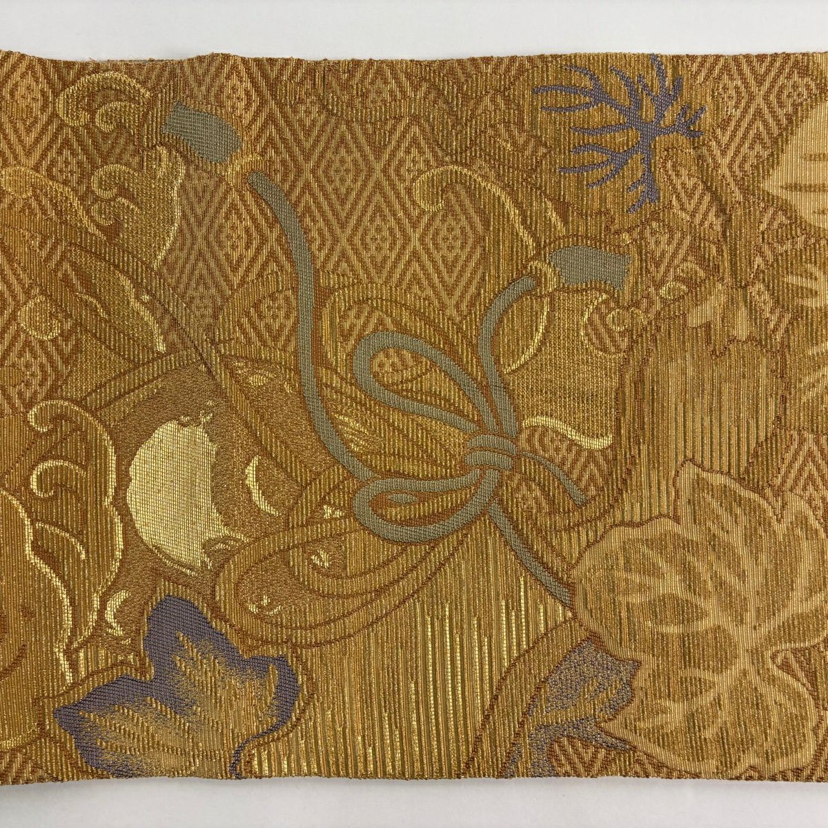 【美品】 袋帶 名品級 組織紐 葉紋 金絲 黃土色 六通 純蠶絲