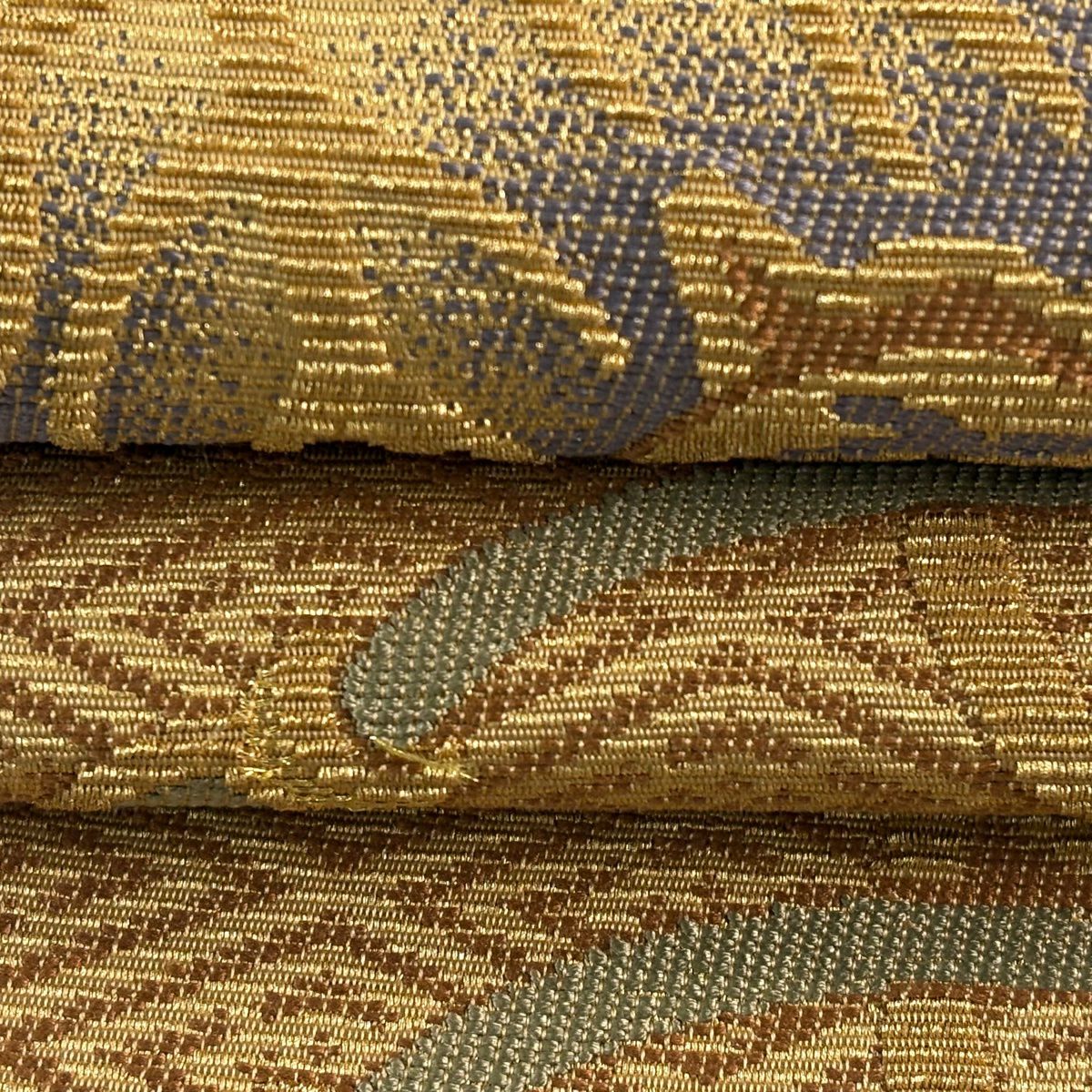 【美品】 袋帶 名品級 組織紐 葉紋 金絲 黃土色 六通 純蠶絲