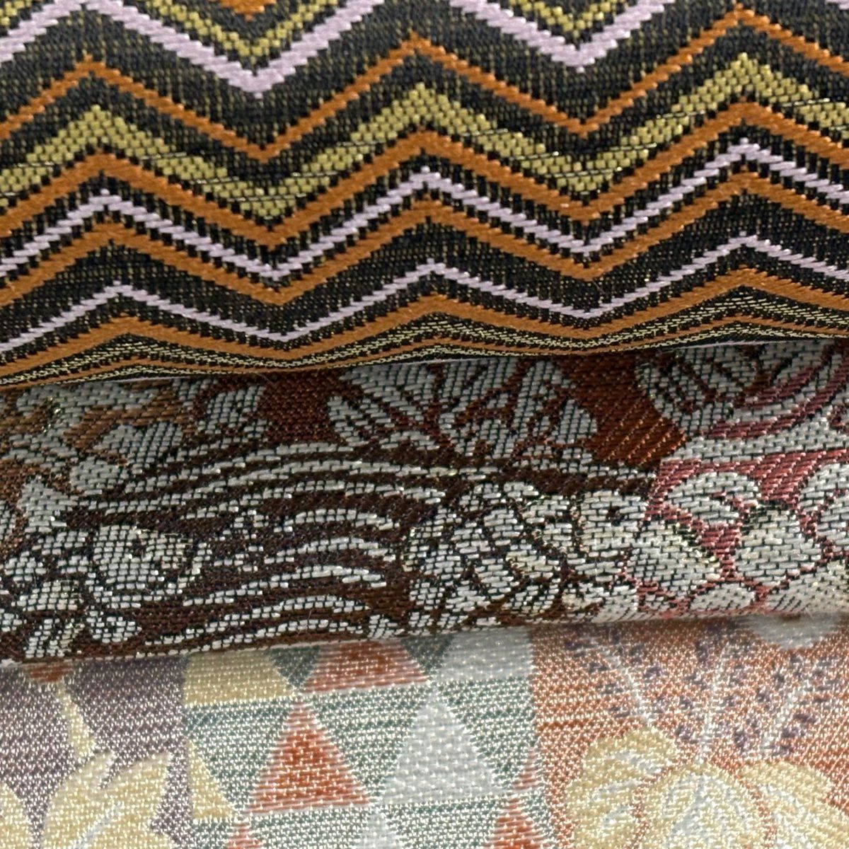 【美品】 袋帶 名品級 草花紋紋 波紋 刺繡 金線 紅茶 六通 純蠶絲