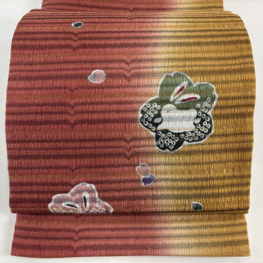 【美品】 袋帶 名品級 手先二通り 大和 兔子 手毬 金絲 紅茶 お太鼓圖案 純蠶絲