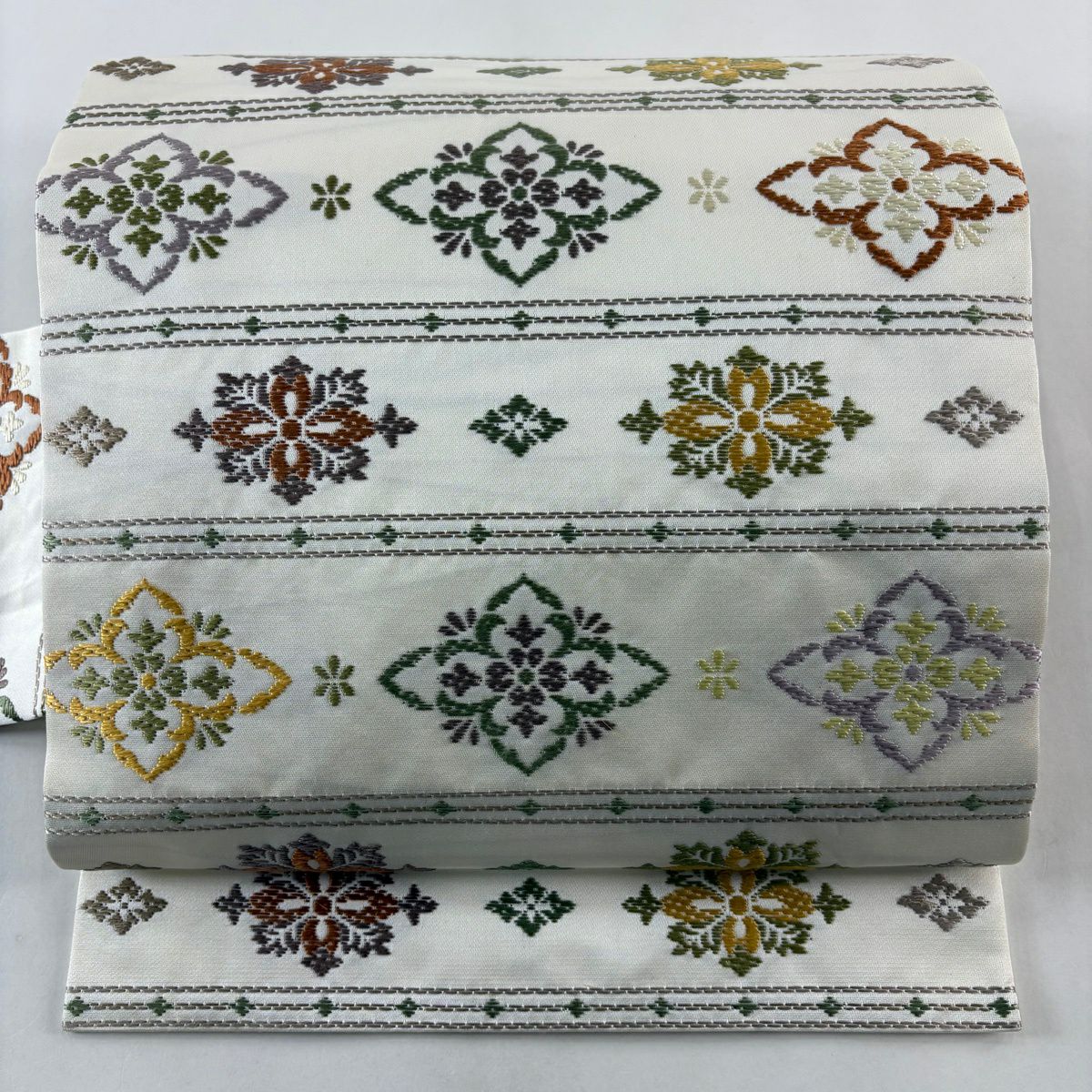 名古屋帶 名品級 華紋 花 刺繡 奶油色 純蠶絲