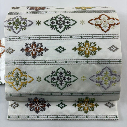 名古屋帶 名品級 華紋 花 刺繡 奶油色 純蠶絲
