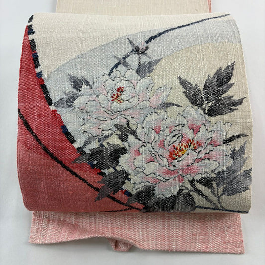 名古屋帶 名品級 松樹葉仕立 八寸名古屋帶 紬織織 牡丹 粉紅 純蠶絲