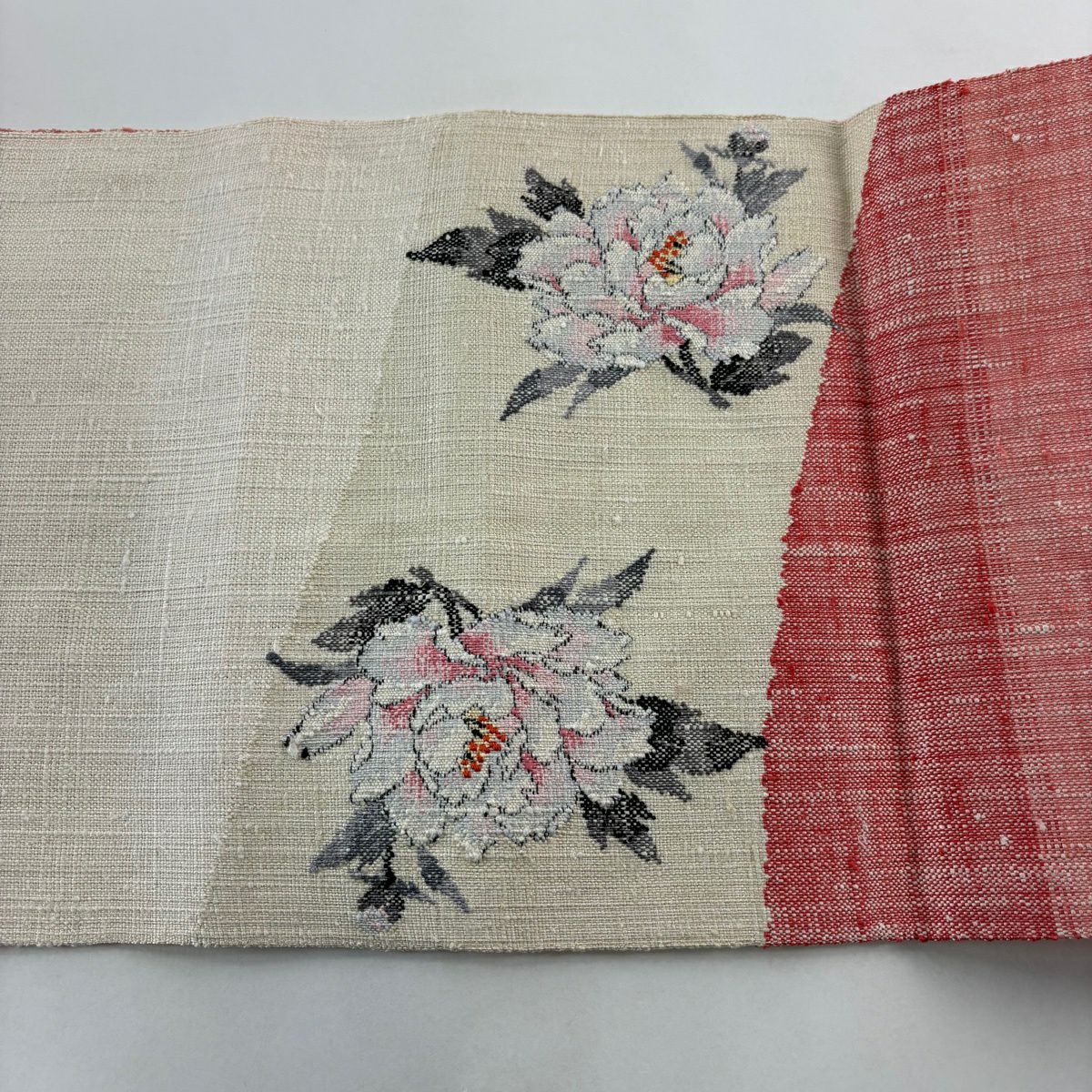 名古屋帶 名品級 松樹葉仕立 八寸名古屋帶 紬織織 牡丹 粉紅 純蠶絲