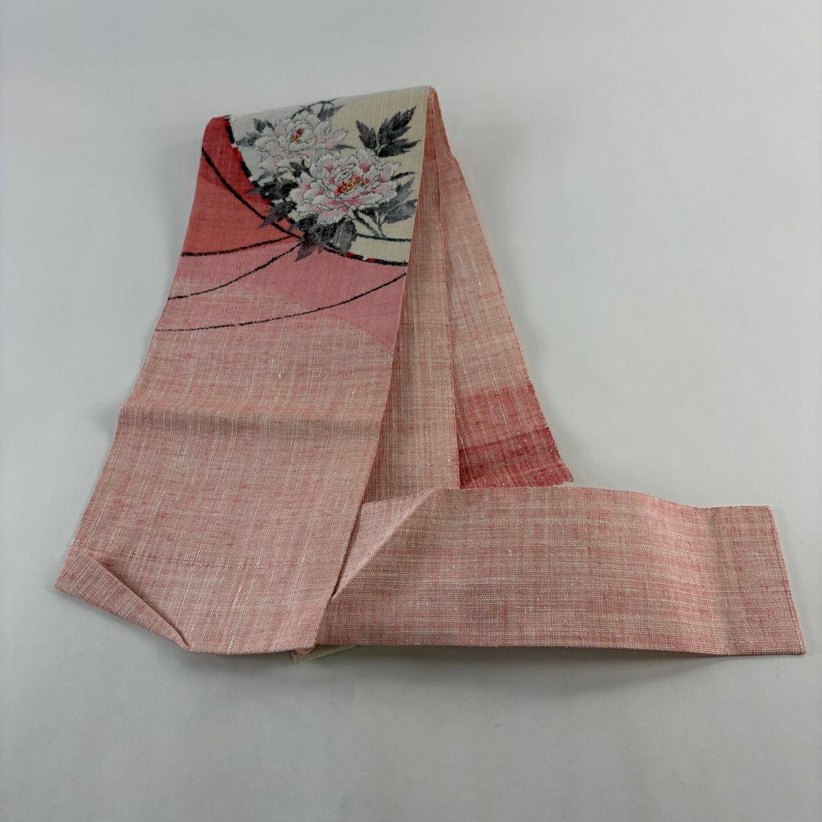 名古屋帶 名品級 松樹葉仕立 八寸名古屋帶 紬織織 牡丹 粉紅 純蠶絲