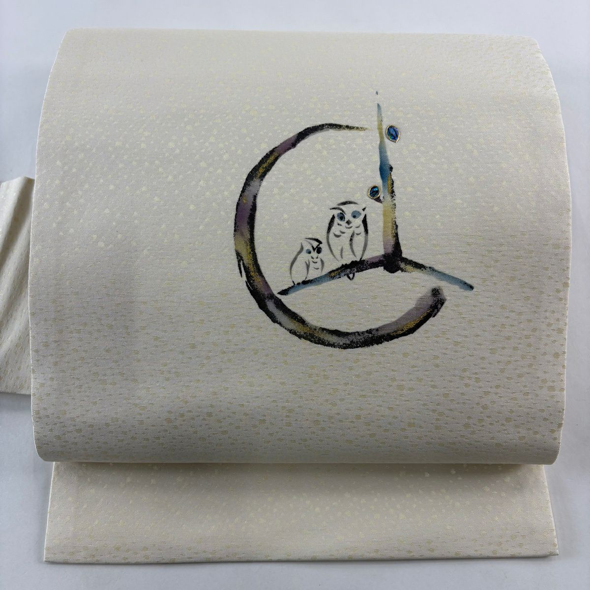 【美品】名古屋帶 名品級 貓頭鷹 枝葉 金銀彩 螺鈿 米色 純蠶絲