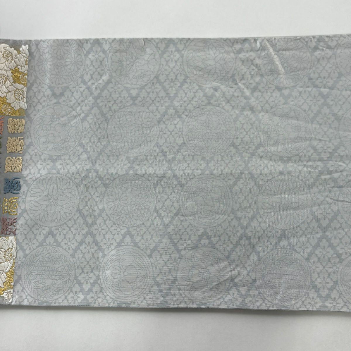 【美品】 袋帶 名品級 證書齊全 菊花花 文字 金絲 刺繡 青灰 六通 純蠶絲