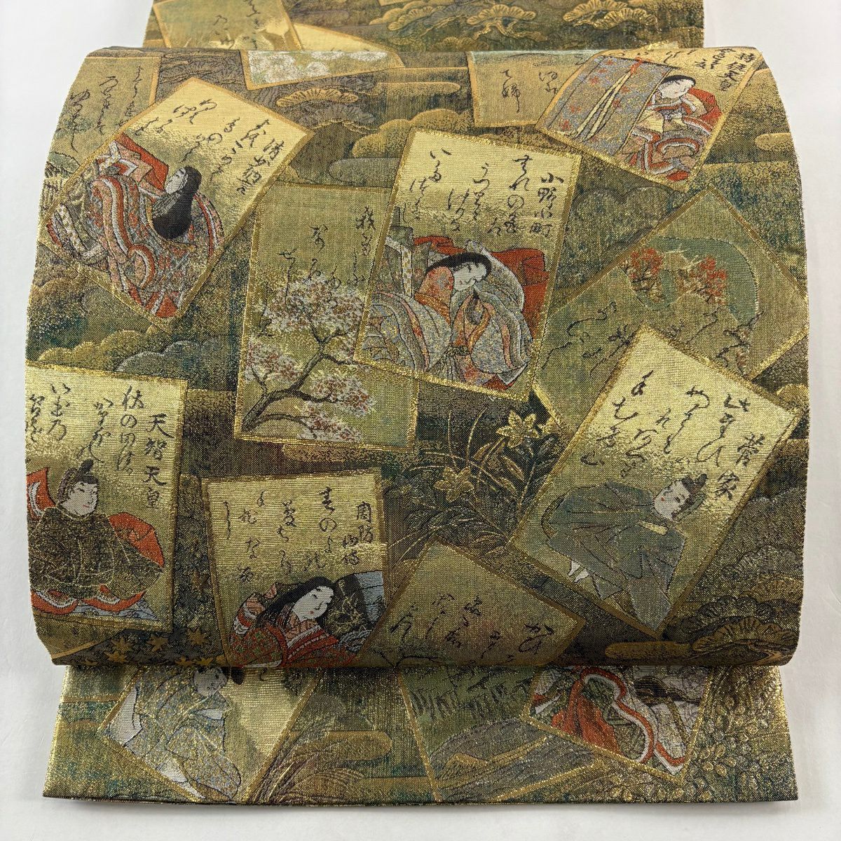 【美品】 袋帶 名品級 雙面全通總繪圖 光琳卡片 二十四金白金雙層金金箔 金色 全通 純蠶絲
