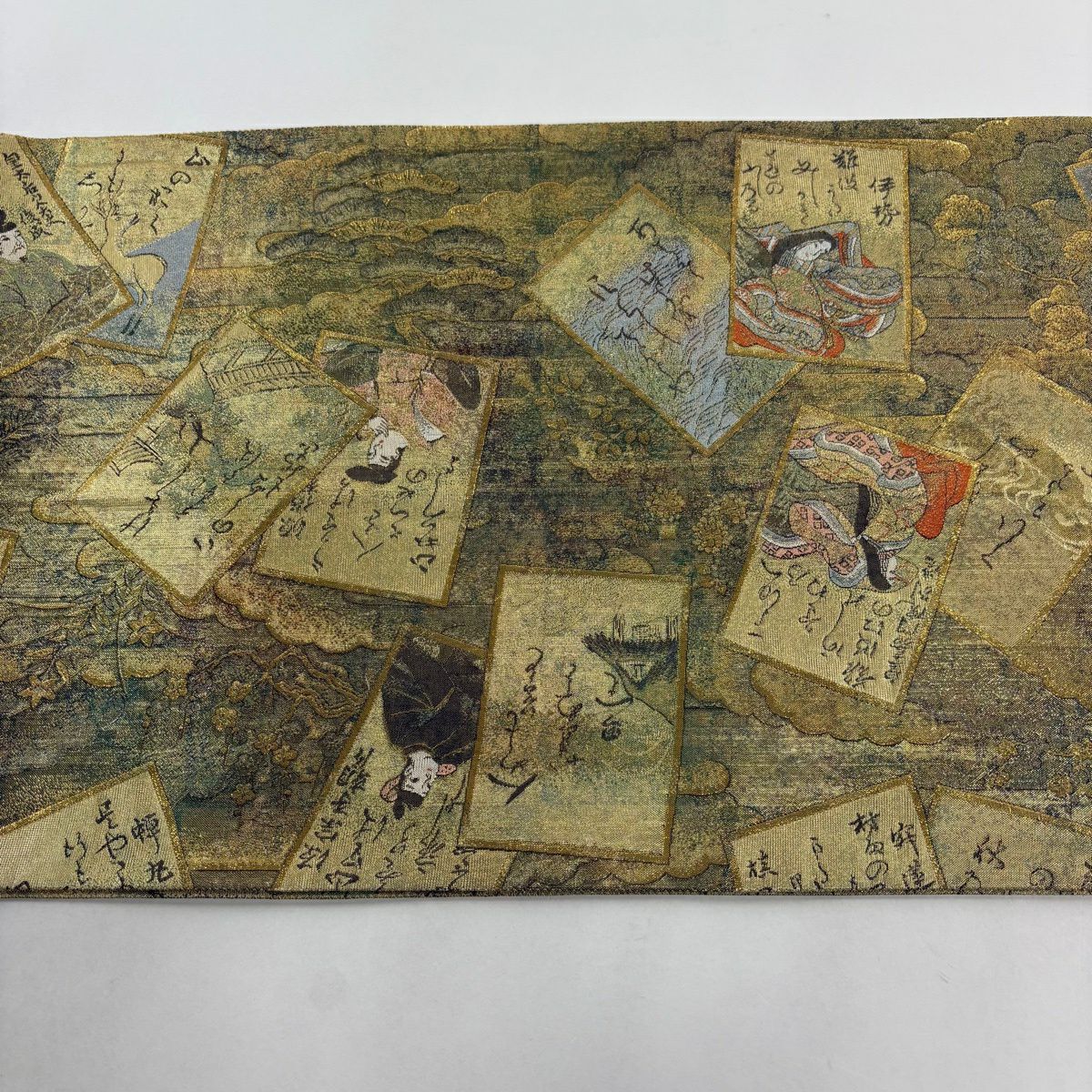 【美品】 袋帶 名品級 雙面全通總繪圖 光琳卡片 二十四金白金雙層金金箔 金色 全通 純蠶絲