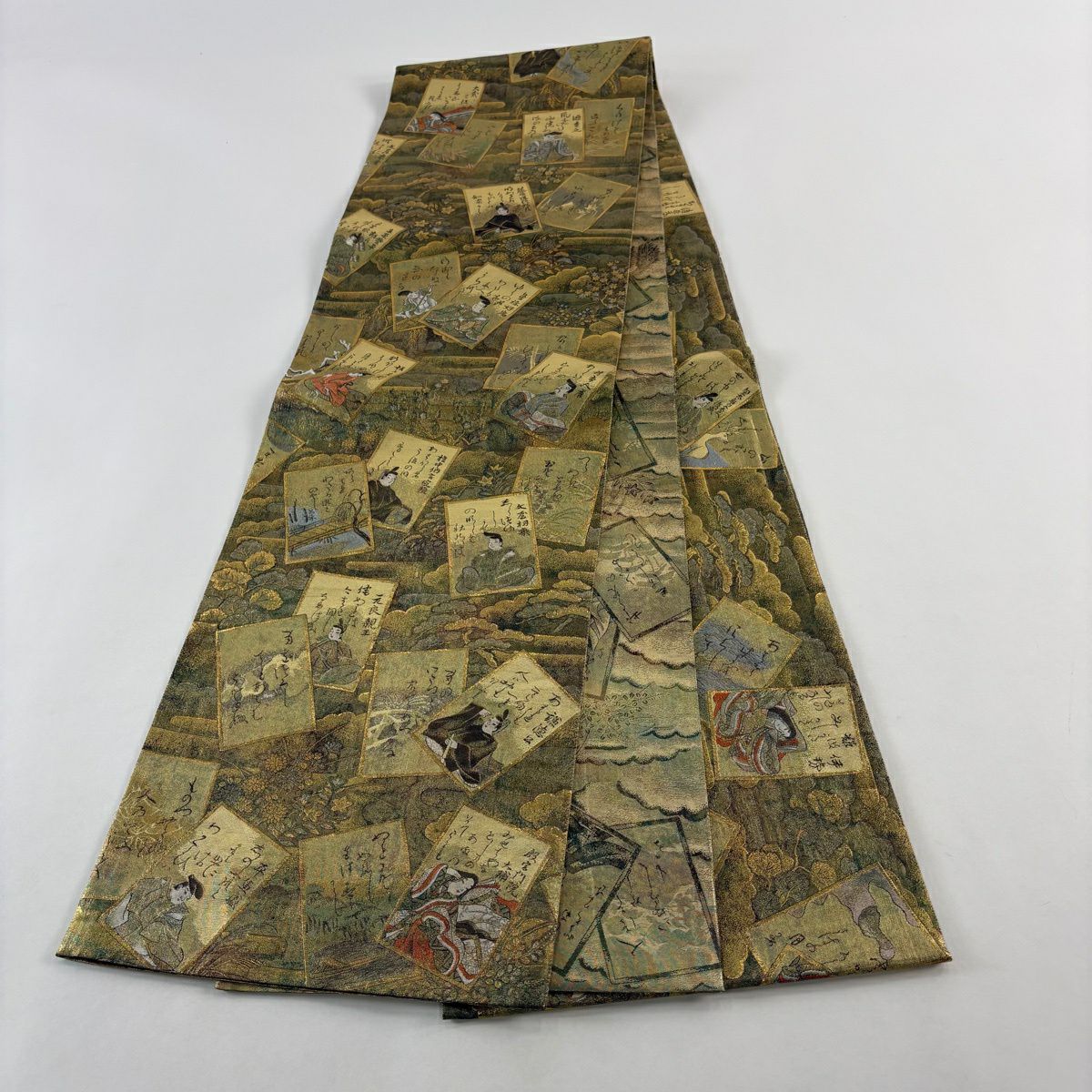 【美品】 袋帶 名品級 雙面全通總繪圖 光琳卡片 二十四金白金雙層金金箔 金色 全通 純蠶絲