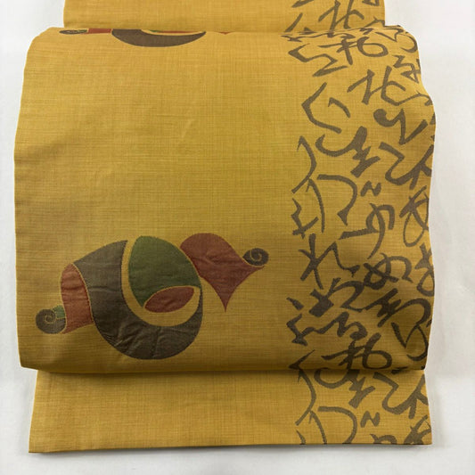 【美品】 袋帶 名品級 木屋太 有落款 卷物 文字 山吹茶 深藍 六通 純蠶絲