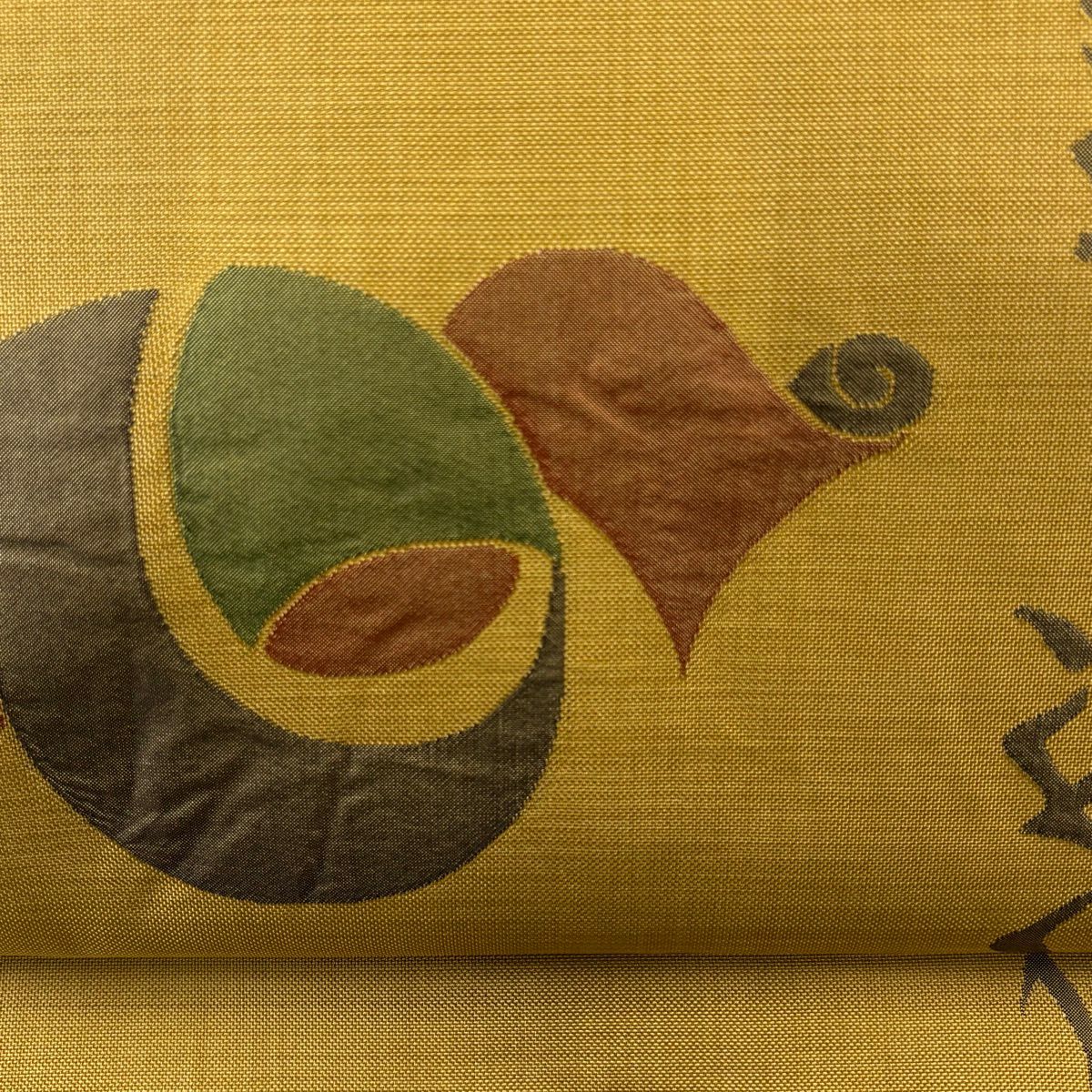 【美品】 袋帶 名品級 木屋太 有落款 卷物 文字 山吹茶 深藍 六通 純蠶絲