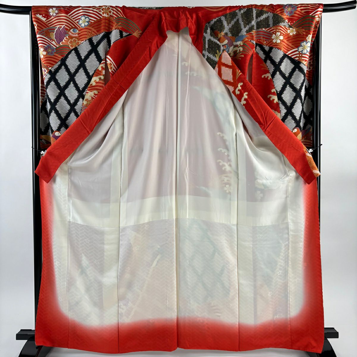 振袖禮服 身長166cm 袖長67.5cm L 雙層 吾妻德穗 落款 鴛鴦 櫻花 金絲 金銀彩 朱 純蠶絲 名品級