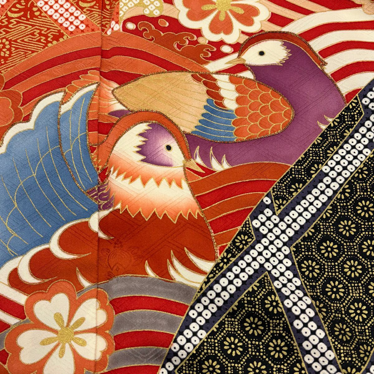 振袖禮服 身長166cm 袖長67.5cm L 雙層 吾妻德穗 落款 鴛鴦 櫻花 金絲 金銀彩 朱 純蠶絲 名品級