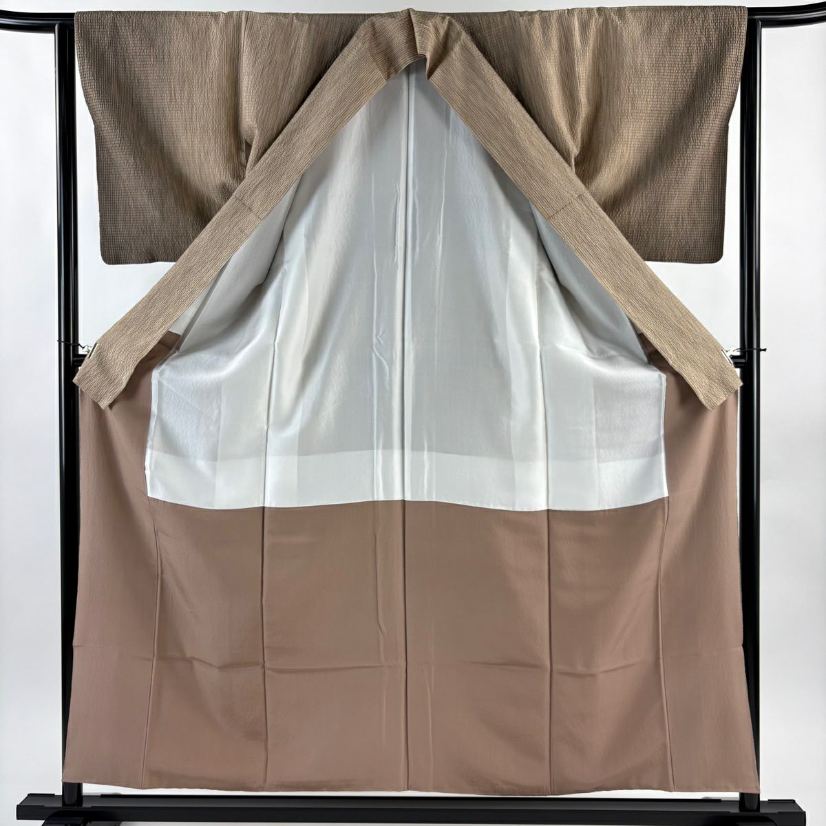【美品】 紬織 身長156.5cm 袖長63.5cm S 雙層 縱條紋 茶 純蠶絲 名品級