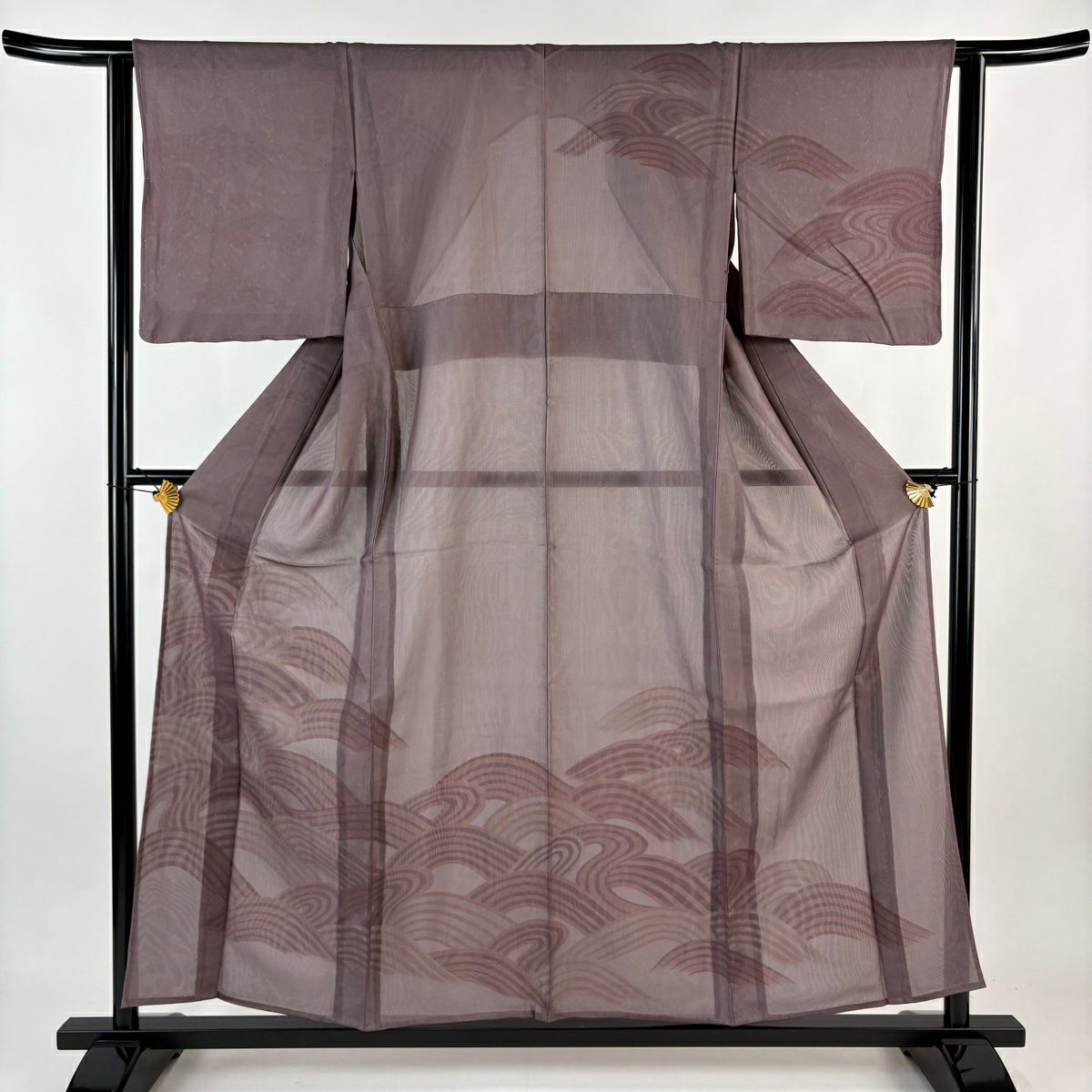 【美品】 付下 身長156cm 袖長64cm M 紗絽雙層 波 小豆色 純蠶絲 名品級