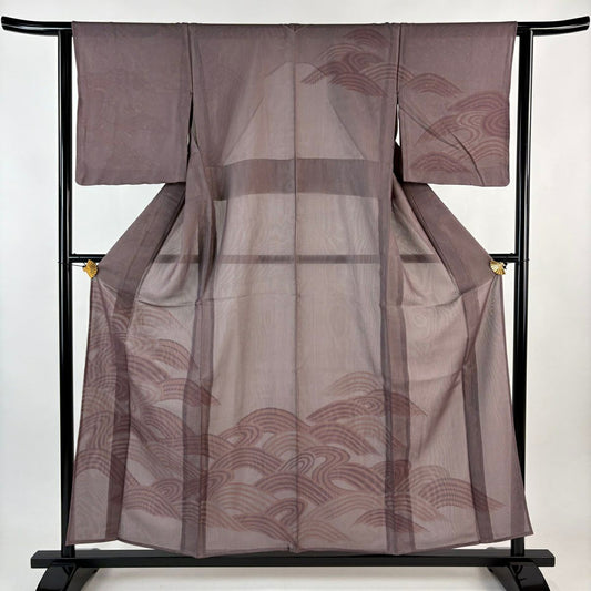 【美品】 付下 身長156cm 袖長64cm M 紗絽雙層 波 小豆色 純蠶絲 名品級