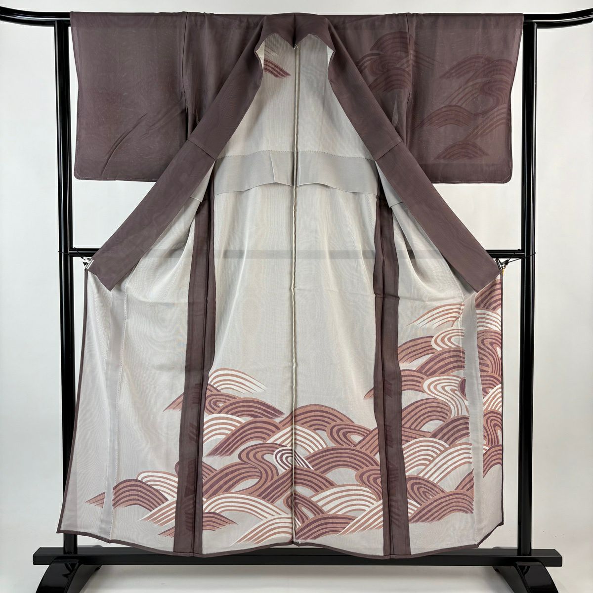 【美品】 付下 身長156cm 袖長64cm M 紗絽雙層 波 小豆色 純蠶絲 名品級