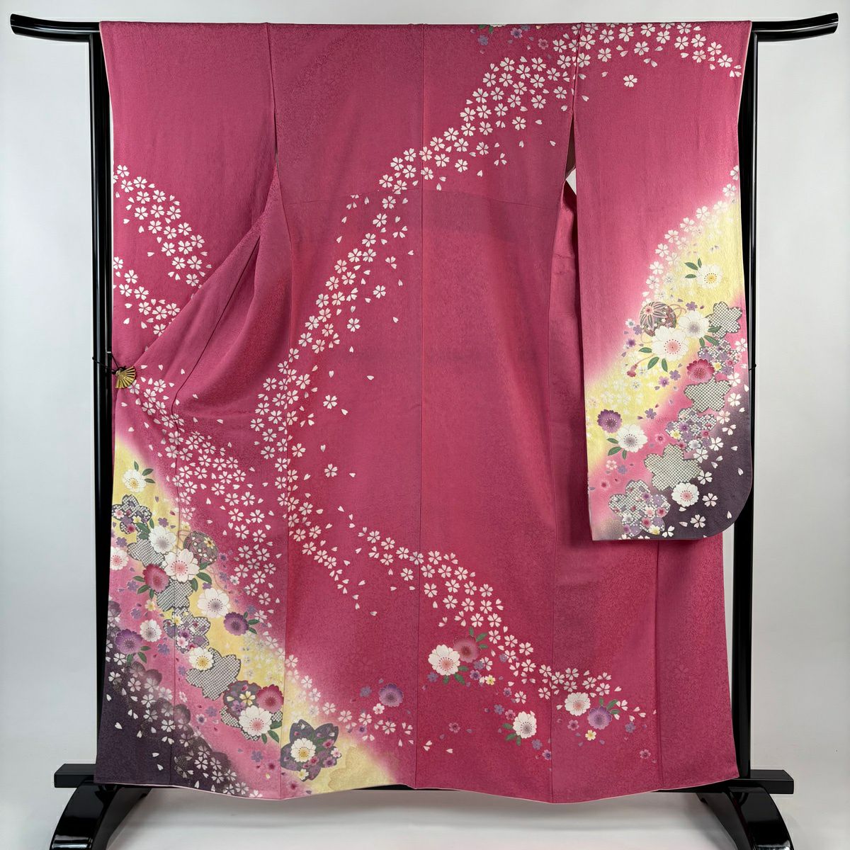 振袖禮服 身長160.5cm 袖長64.5cm M 雙層 手毬 櫻花 金金箔 金銀彩 粉紅 純蠶絲 名品級
