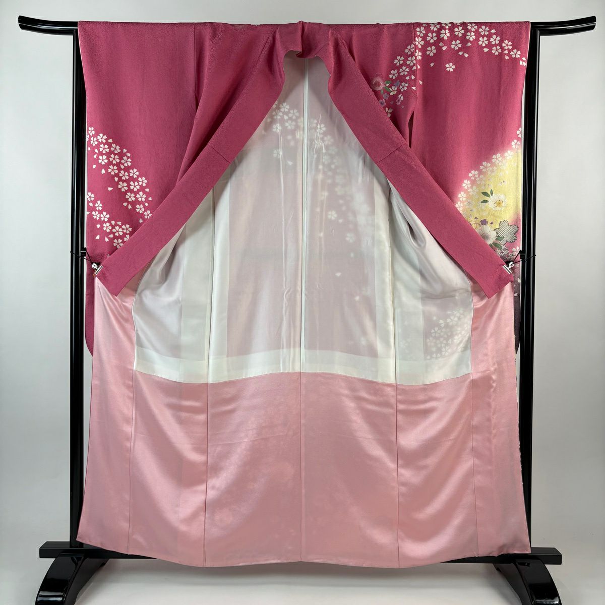 振袖禮服 身長160.5cm 袖長64.5cm M 雙層 手毬 櫻花 金金箔 金銀彩 粉紅 純蠶絲 名品級