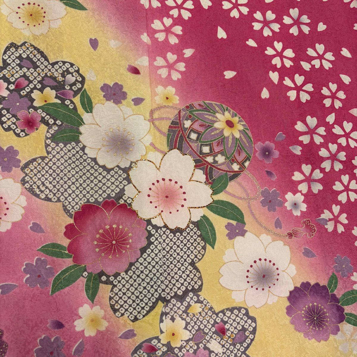 振袖禮服 身長160.5cm 袖長64.5cm M 雙層 手毬 櫻花 金金箔 金銀彩 粉紅 純蠶絲 名品級
