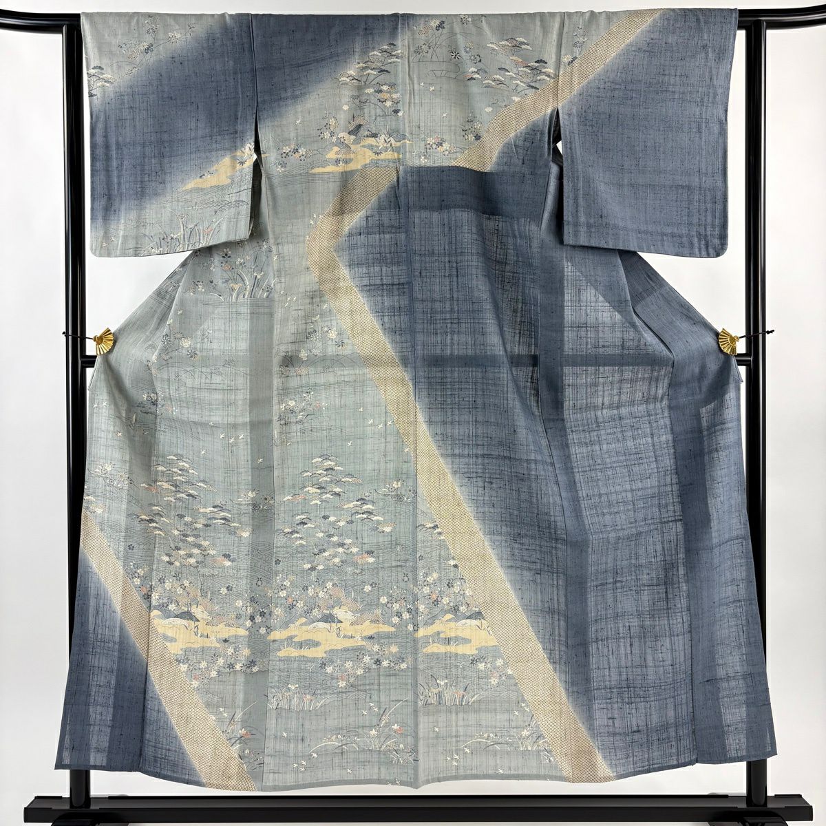 【美品】訪問服 身長155cm 袖長63cm S 單層 紬織織 波 松樹竹子梅花 染分 青灰色 純蠶絲 名品級