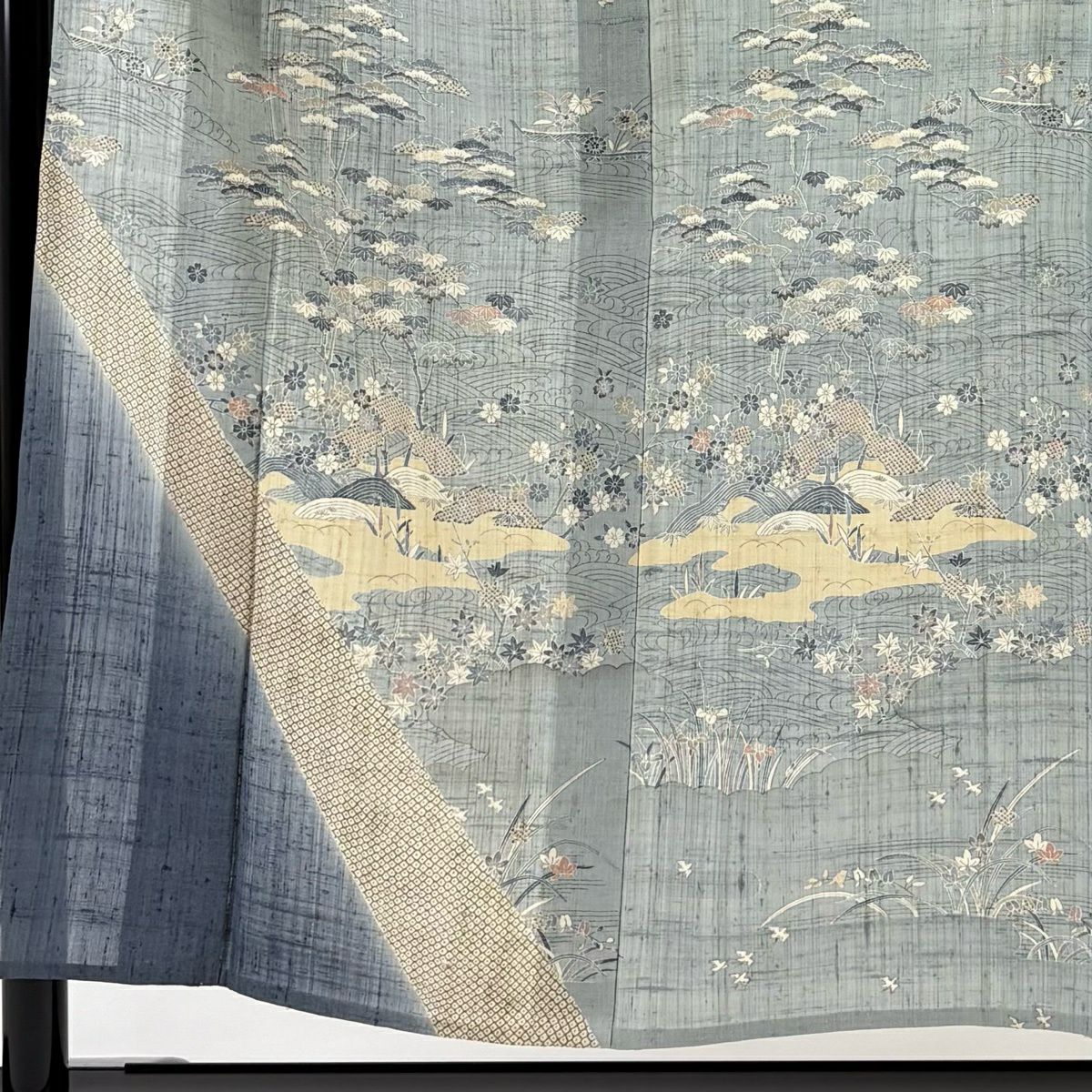 【美品】訪問服 身長155cm 袖長63cm S 單層 紬織織 波 松樹竹子梅花 染分 青灰色 純蠶絲 名品級
