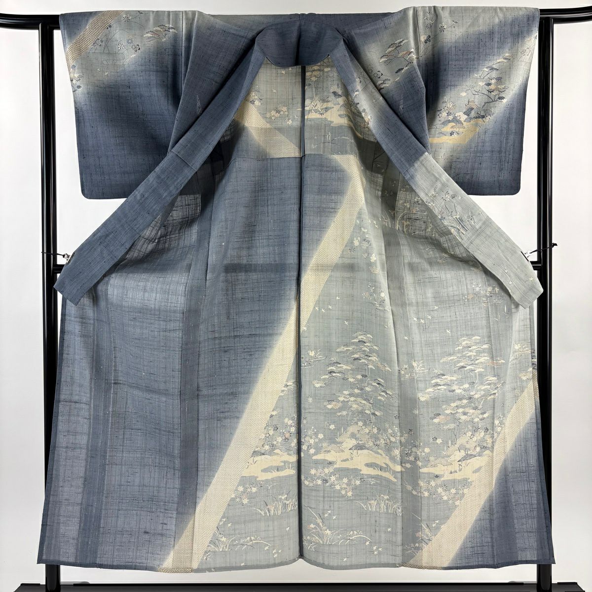 【美品】訪問服 身長155cm 袖長63cm S 單層 紬織織 波 松樹竹子梅花 染分 青灰色 純蠶絲 名品級