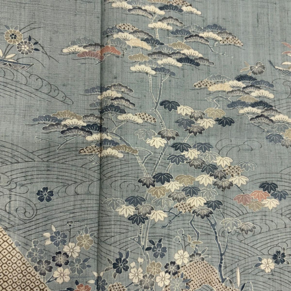 【美品】訪問服 身長155cm 袖長63cm S 單層 紬織織 波 松樹竹子梅花 染分 青灰色 純蠶絲 名品級
