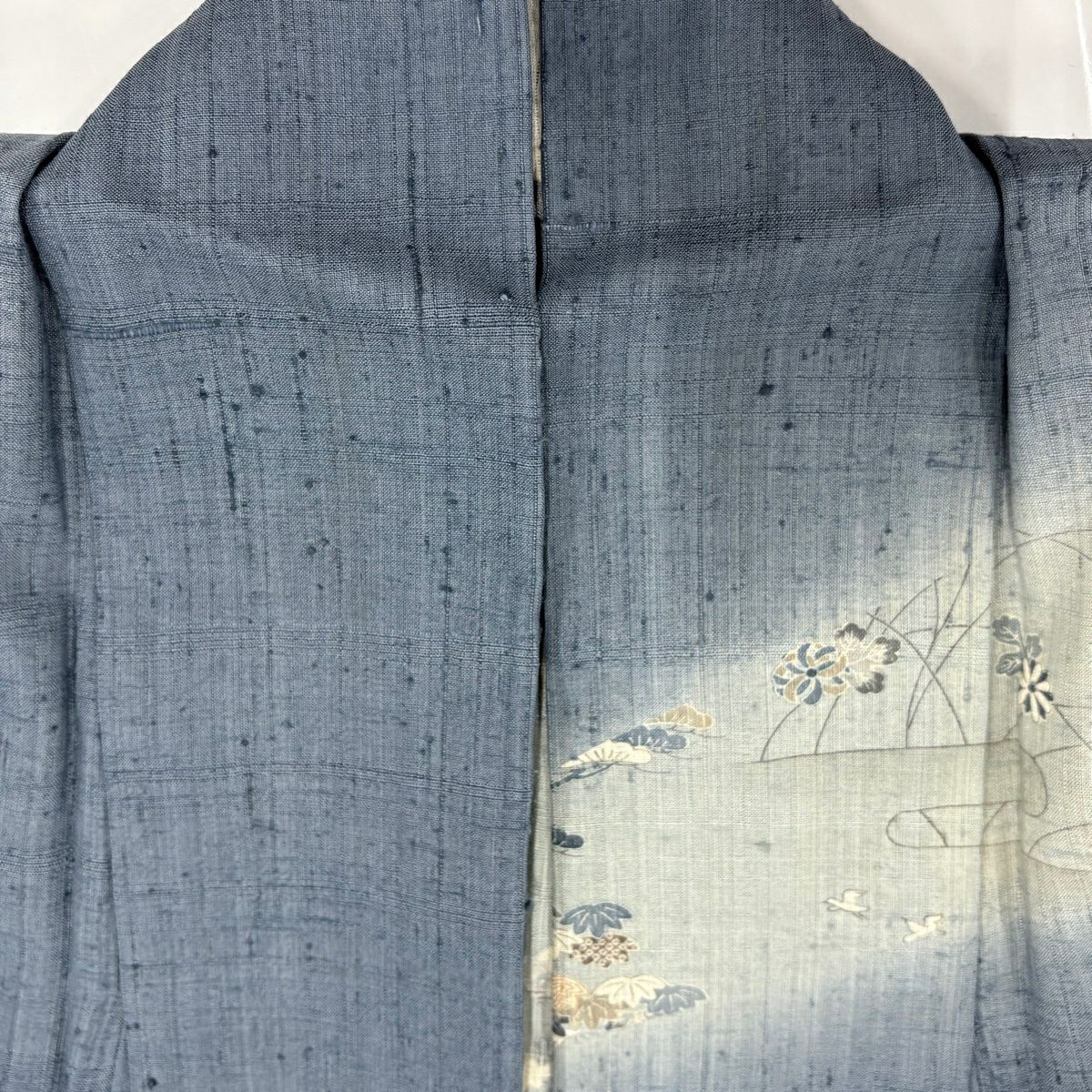 【美品】訪問服 身長155cm 袖長63cm S 單層 紬織織 波 松樹竹子梅花 染分 青灰色 純蠶絲 名品級