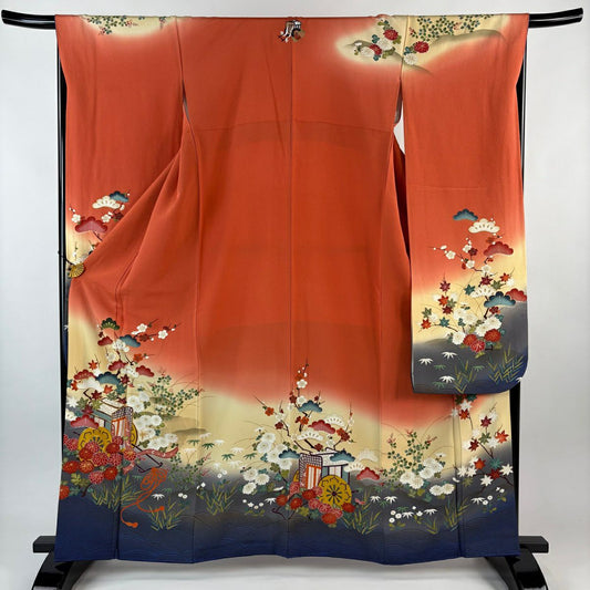 振袖禮服 身長163cm 袖長67cm M 雙層 花井幸子 ふき棉仕立 落款御所車 松樹竹子梅花 金絲 金銀彩 橙色 純蠶絲 名品級 一つ紋