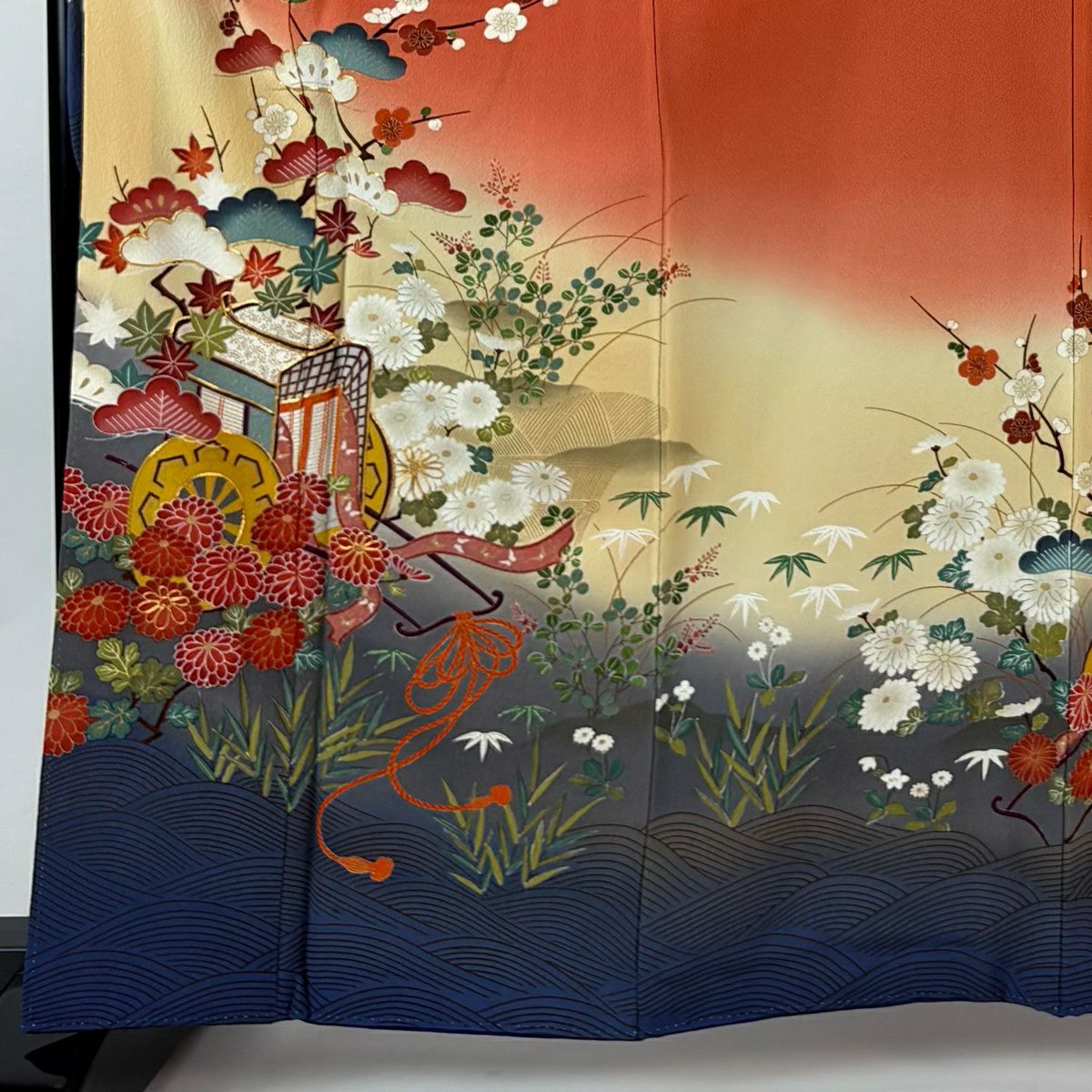 振袖禮服 身長163cm 袖長67cm M 雙層 花井幸子 ふき棉仕立 落款御所車 松樹竹子梅花 金絲 金銀彩 橙色 純蠶絲 名品級 一つ紋