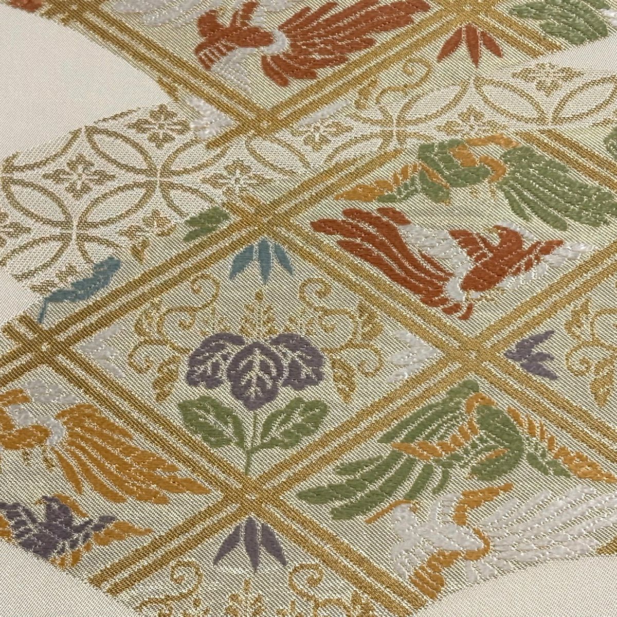 【美品】袋帶 逸品級 有落款 花鳥 七寶紋 唐織 金絲 米色 六通 純蠶絲