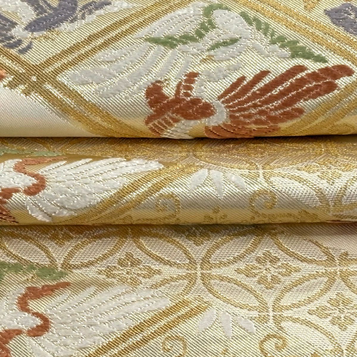 【美品】袋帶 逸品級 有落款 花鳥 七寶紋 唐織 金絲 米色 六通 純蠶絲