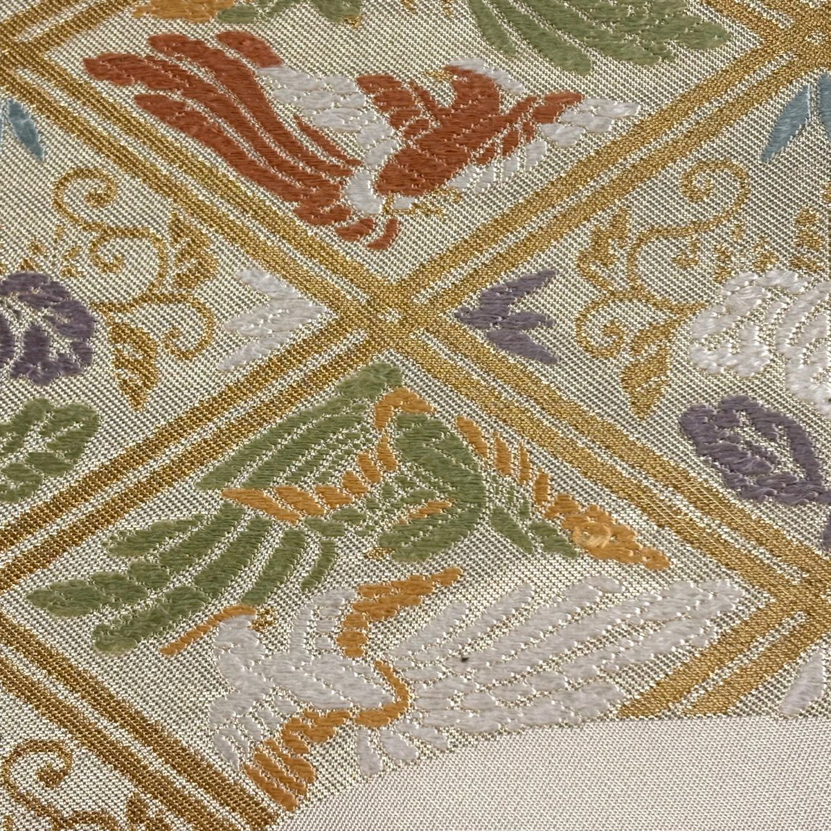 【美品】袋帶 逸品級 有落款 花鳥 七寶紋 唐織 金絲 米色 六通 純蠶絲