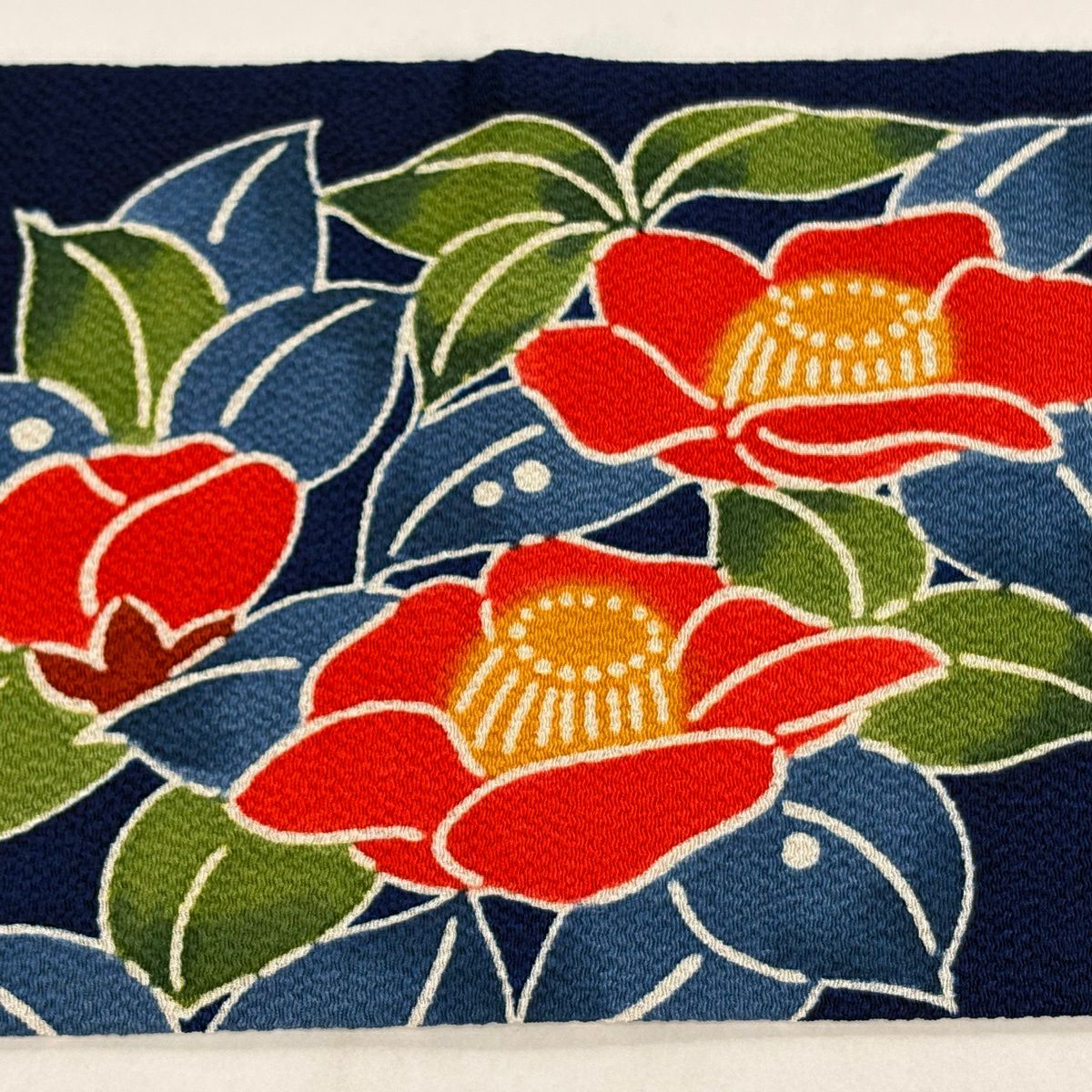 【美品】 名古屋帶 逸品級 栗山吉三郎 落款あり 椿 絞染 深藍 純蠶絲