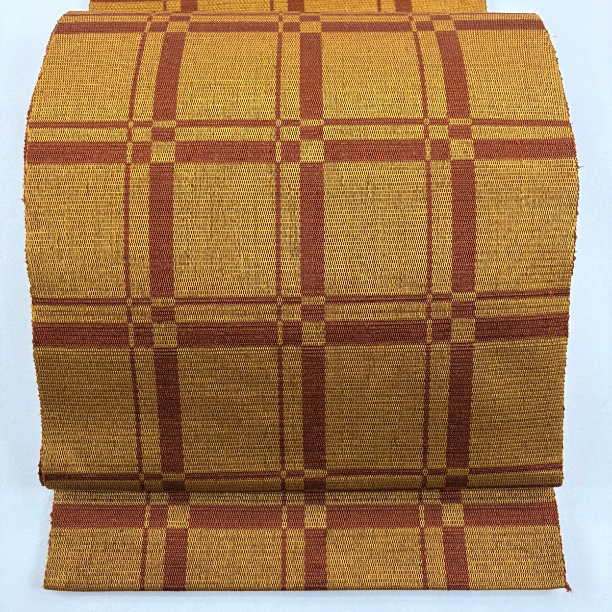 【美品】 名古屋帶 逸品級 八寸名古屋帶 格子 山吹茶 純蠶絲