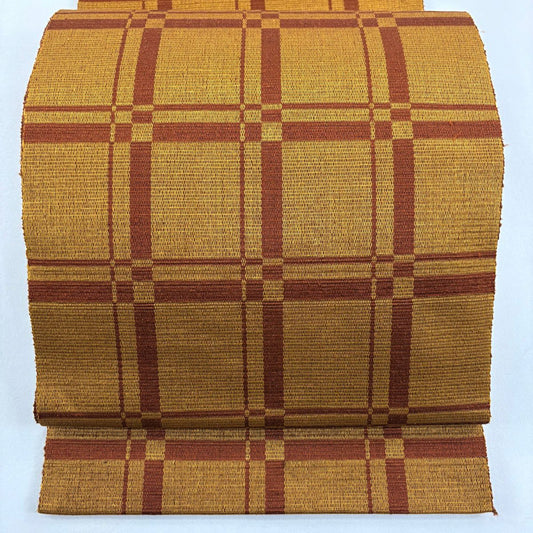 【美品】 名古屋帶 逸品級 八寸名古屋帶 格子 山吹茶 純蠶絲