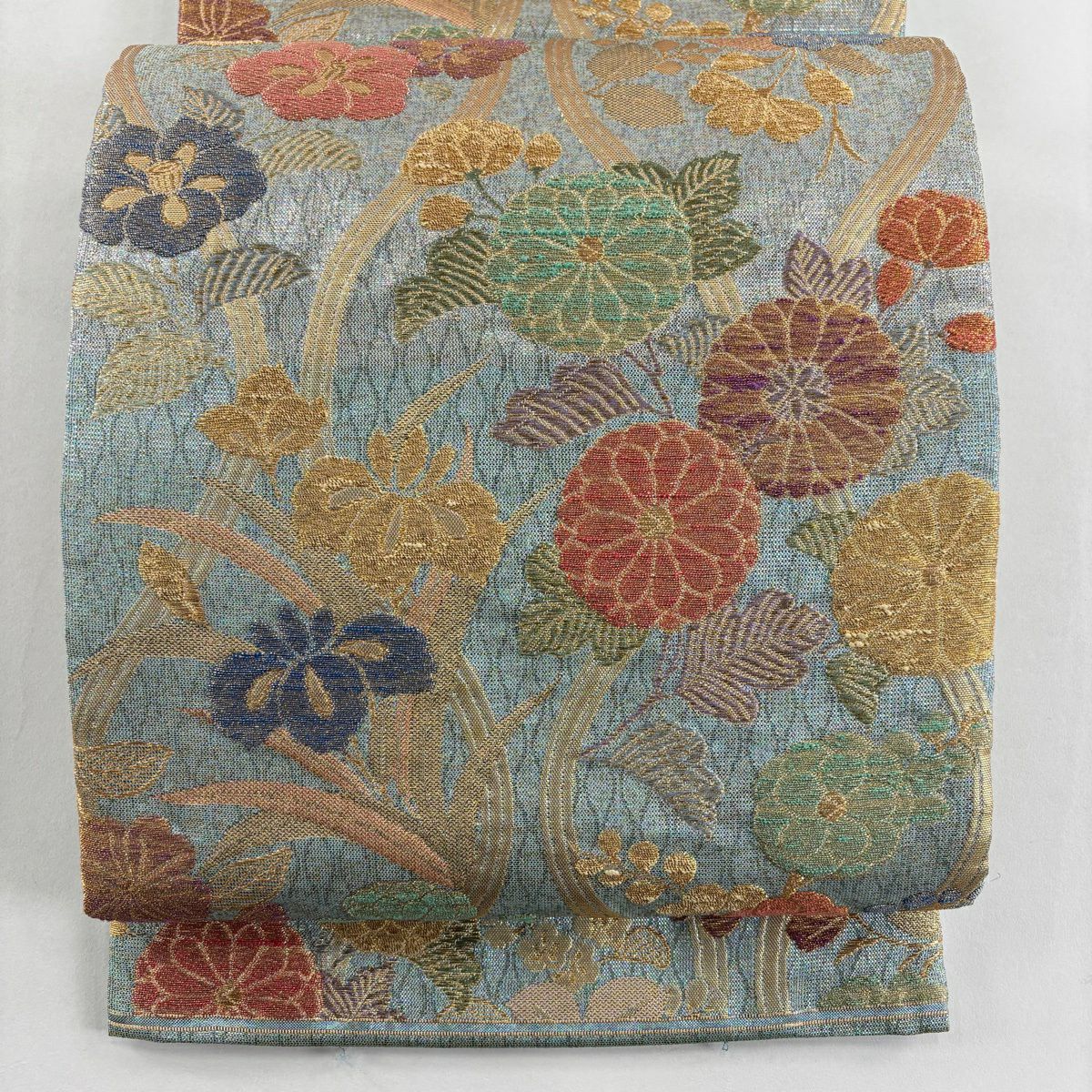 【美品】 袋帶 逸品級 草花紋紋 立涌 金絲 金金箔 淺綠 六通 純蠶絲